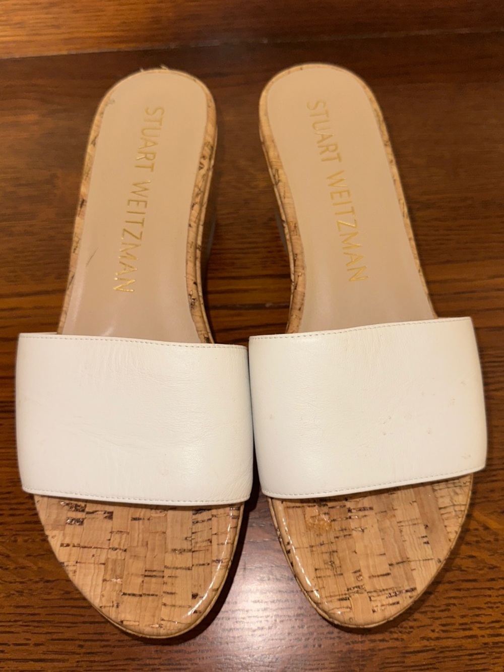 Stuart Weitzman White Leather Cork Wedge Slide Mules